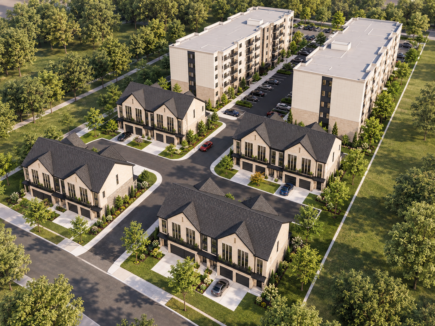Street-level rendering of the Astoria South Windsor townhomes and surrounding neighbourhood